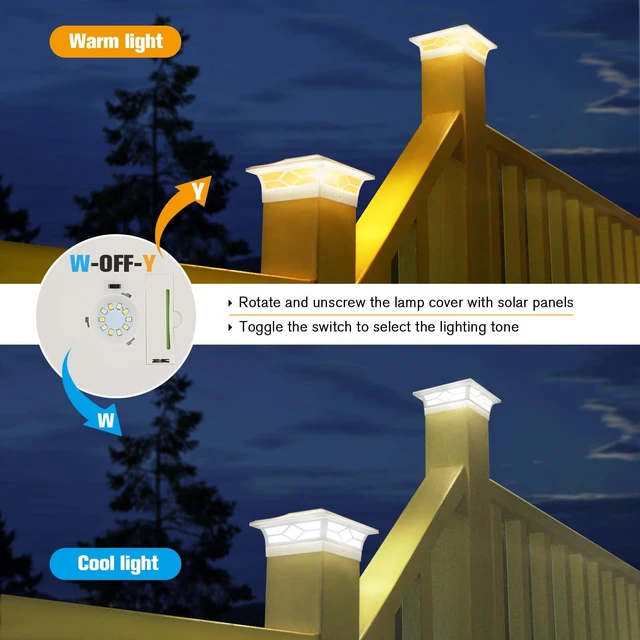 Alt view image 4 of 7 - Solar Fence Post Lights, Cap Lights for 4x4/5x5 Vinyl Fence and 4x4/6x6 Wooden Post, Warm White/Cool White Lighting, White Solar Cap Outdoor Waterproof Decorate Garden Pathway Dcek Patio