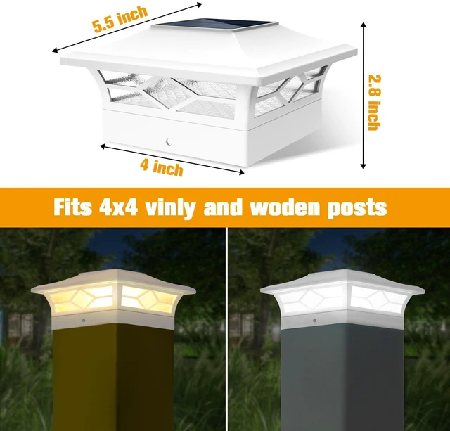 Alt view image 5 of 7 - Solar Fence Post Lights, Cap Lights for 4x4/5x5 Vinyl Fence and 4x4/6x6 Wooden Post, Warm White/Cool White Lighting, White Solar Cap Outdoor Waterproof Decorate Garden Pathway Dcek Patio