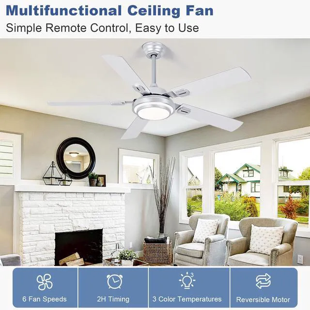 Alt view image 2 of 7 - 52-Inch Ceiling Fan with Light: Brushed Nickel Ceiling Fans with 5 Blades Dual Finish Reversible - Farmhouse Ceiling Fan with Remote Control Noiseless for Living Room Outdoor Patios