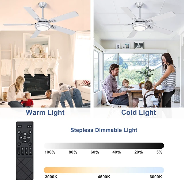 Alt view image 3 of 7 - 52-Inch Ceiling Fan with Light: Brushed Nickel Ceiling Fans with 5 Blades Dual Finish Reversible - Farmhouse Ceiling Fan with Remote Control Noiseless for Living Room Outdoor Patios