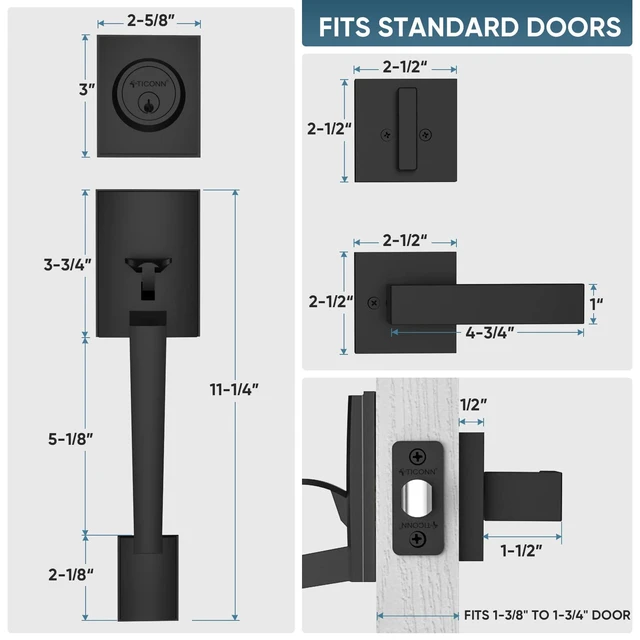 Alt view image 3 of 7 - Double Front Door Handle Set, Heavy Duty Square Door Lever and Single Cylinder Deadbolt Combo for Side by Side Entrance Exterior Doors (Matte Black)
