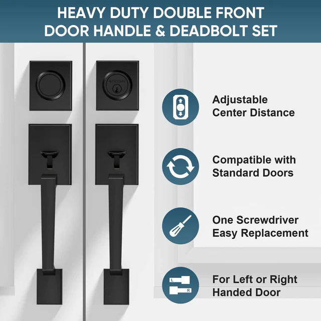 Alt view image 6 of 7 - Double Front Door Handle Set, Heavy Duty Square Door Lever and Single Cylinder Deadbolt Combo for Side by Side Entrance Exterior Doors (Matte Black)