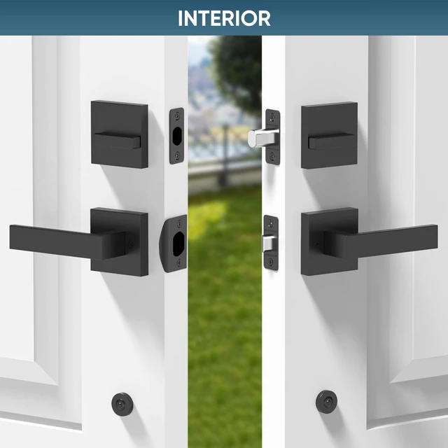 Alt view image 7 of 7 - Double Front Door Handle Set, Heavy Duty Square Door Lever and Single Cylinder Deadbolt Combo for Side by Side Entrance Exterior Doors (Matte Black)