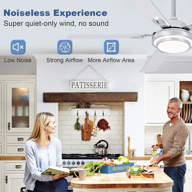 Alt view image 5 of 7 - 52-Inch Ceiling Fan with Light: Brushed Nickel Ceiling Fans with 5 Blades Dual Finish Reversible - Farmhouse Ceiling Fan with Remote Control Noiseless for Living Room Outdoor Patios