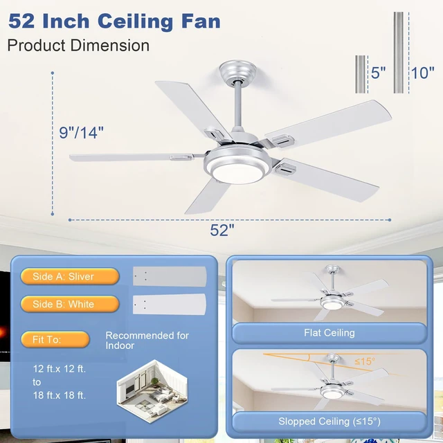 Alt view image 7 of 7 - 52-Inch Ceiling Fan with Light: Brushed Nickel Ceiling Fans with 5 Blades Dual Finish Reversible - Farmhouse Ceiling Fan with Remote Control Noiseless for Living Room Outdoor Patios