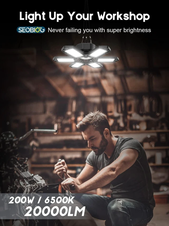 Alt view image 2 of 7 - LED Garage Lights 4 Pack, 20000LM Plug in Shop Light Bay Lighting 6500K 200W Ultra Bright, Linkable Design, 6 Deformable LED Panels, for Garage workshop Basement