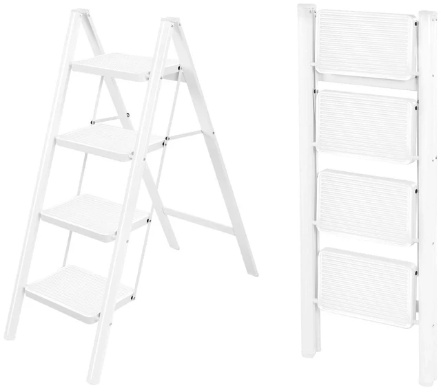 Main image of 4 Step Ladder,Lightweight Folding Step Stool with Wide Anti-Slip Pedal, 330LBS Capacity, Heavy Duty,Sturdy Iron Metal Step Stool for Home, Kitchen, Closet, Adults,White
