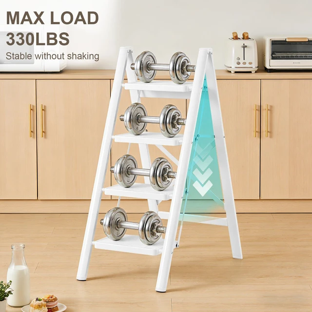Alt view image 2 of 7 - 4 Step Ladder,Lightweight Folding Step Stool with Wide Anti-Slip Pedal, 330LBS Capacity, Heavy Duty,Sturdy Iron Metal Step Stool for Home, Kitchen, Closet, Adults,White