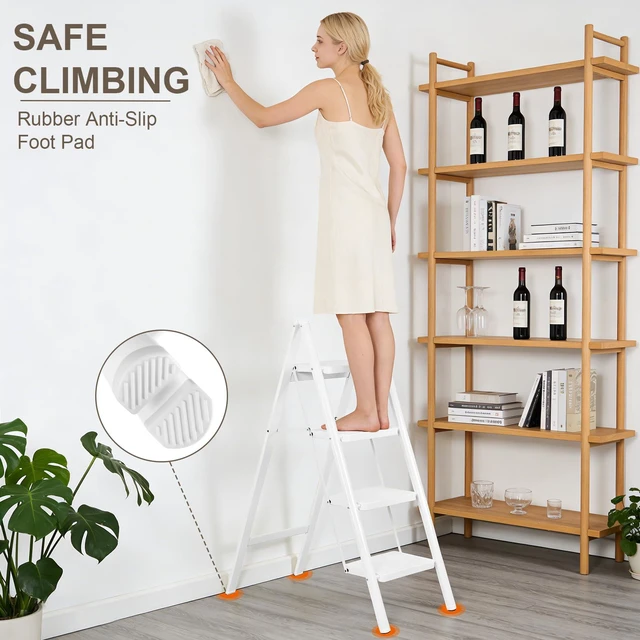 Alt view image 3 of 7 - 4 Step Ladder,Lightweight Folding Step Stool with Wide Anti-Slip Pedal, 330LBS Capacity, Heavy Duty,Sturdy Iron Metal Step Stool for Home, Kitchen, Closet, Adults,White