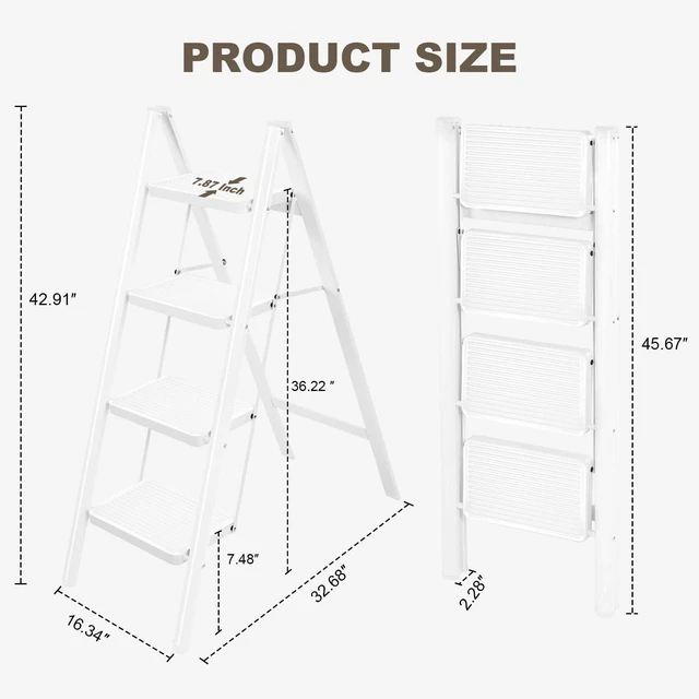 Alt view image 4 of 7 - 4 Step Ladder,Lightweight Folding Step Stool with Wide Anti-Slip Pedal, 330LBS Capacity, Heavy Duty,Sturdy Iron Metal Step Stool for Home, Kitchen, Closet, Adults,White