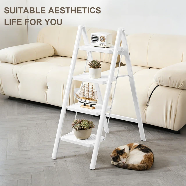 Alt view image 7 of 7 - 4 Step Ladder,Lightweight Folding Step Stool with Wide Anti-Slip Pedal, 330LBS Capacity, Heavy Duty,Sturdy Iron Metal Step Stool for Home, Kitchen, Closet, Adults,White