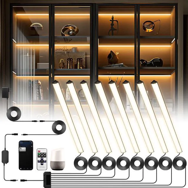 Main image of Black Shelf Lights, LED Bookcase Lighting Compatible with Alexa, WiFi Dimmable 2700K Under Shelf Lighting for Bookshelf, Display Case, Cabinets with App, Remote, Memory Function (8Pack 12In)