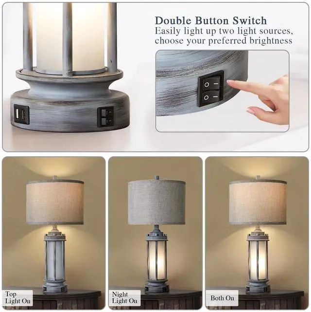 Alt view image 2 of 7 - 25" Rustic Farmhouse Nightstand Lamp with 2 USB C+A Ports Rustic Vintage Antique Retro Design With Light Green Glass Nightlight. Table Lamp for Bedroom Living Room, 2 Bulbs Included