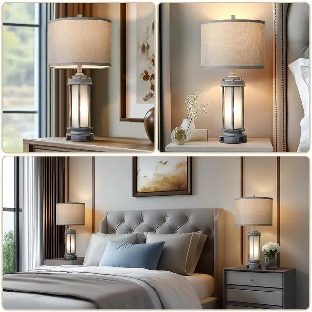 Alt view image 3 of 7 - 25" Rustic Farmhouse Nightstand Lamp with 2 USB C+A Ports Rustic Vintage Antique Retro Design With Light Green Glass Nightlight. Table Lamp for Bedroom Living Room, 2 Bulbs Included