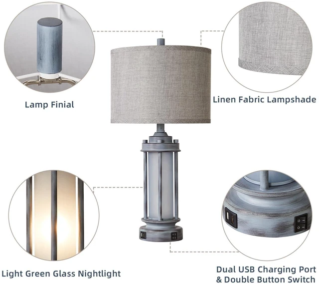 Alt view image 5 of 7 - 25" Rustic Farmhouse Nightstand Lamp with 2 USB C+A Ports Rustic Vintage Antique Retro Design With Light Green Glass Nightlight. Table Lamp for Bedroom Living Room, 2 Bulbs Included