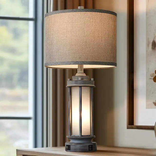 Alt view image 4 of 7 - 25" Rustic Farmhouse Nightstand Lamp with 2 USB C+A Ports Rustic Vintage Antique Retro Design With Light Green Glass Nightlight. Table Lamp for Bedroom Living Room, 2 Bulbs Included