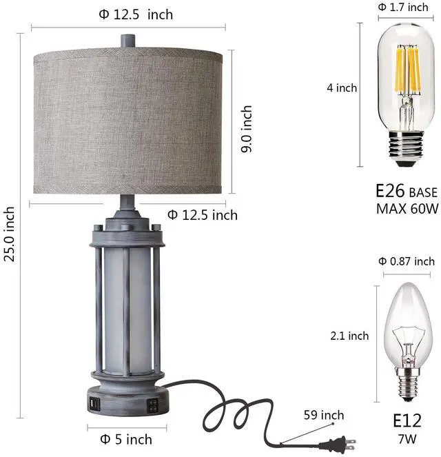 Alt view image 6 of 7 - 25" Rustic Farmhouse Nightstand Lamp with 2 USB C+A Ports Rustic Vintage Antique Retro Design With Light Green Glass Nightlight. Table Lamp for Bedroom Living Room, 2 Bulbs Included