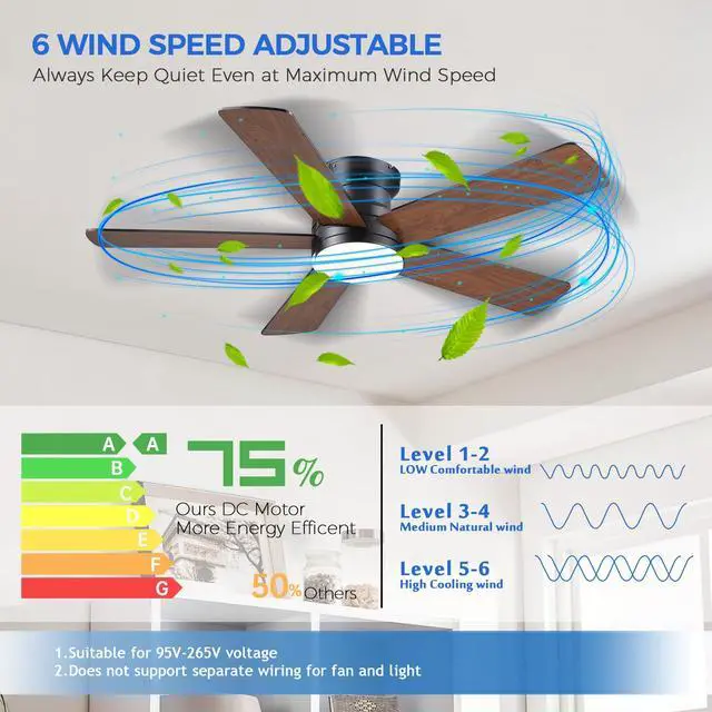 Alt view image 2 of 7 - Flush Mount Ceiling Fan with Light and Remote/APP - 48" Low Profile Ceiling Fan with 3CCT Dimmable, 5 Reversible Blades, Modern Indoor Fan Light Fixtures for Bedroom, Kitchen