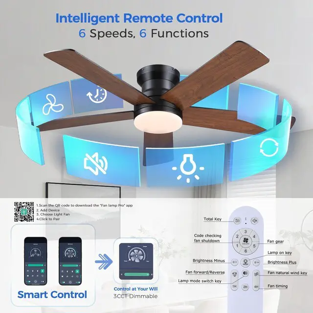 Alt view image 3 of 7 - Flush Mount Ceiling Fan with Light and Remote/APP - 48" Low Profile Ceiling Fan with 3CCT Dimmable, 5 Reversible Blades, Modern Indoor Fan Light Fixtures for Bedroom, Kitchen