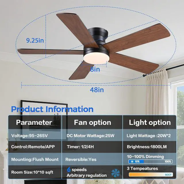 Alt view image 4 of 7 - Flush Mount Ceiling Fan with Light and Remote/APP - 48" Low Profile Ceiling Fan with 3CCT Dimmable, 5 Reversible Blades, Modern Indoor Fan Light Fixtures for Bedroom, Kitchen