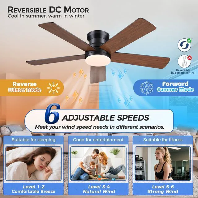 Alt view image 5 of 7 - Flush Mount Ceiling Fan with Light and Remote/APP - 48" Low Profile Ceiling Fan with 3CCT Dimmable, 5 Reversible Blades, Modern Indoor Fan Light Fixtures for Bedroom, Kitchen