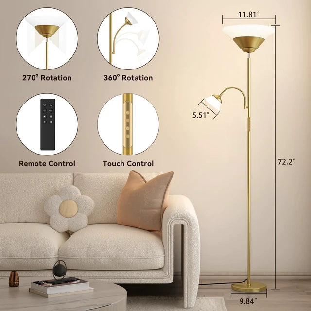 Alt view image 2 of 7 - 2-in-1 Torchiere Floor Lamp, 34W Super Bright LED Standing Lamp with Remote & Touch Control, 72" Dimmable Adjustable Corner Reading Lamp for Living Room, Bedroom, Office, Gold