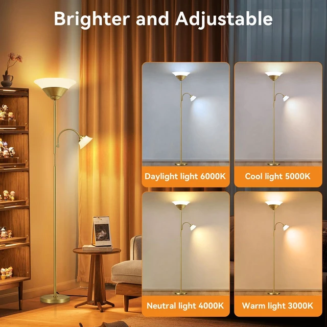 Alt view image 4 of 7 - 2-in-1 Torchiere Floor Lamp, 34W Super Bright LED Standing Lamp with Remote & Touch Control, 72" Dimmable Adjustable Corner Reading Lamp for Living Room, Bedroom, Office, Gold