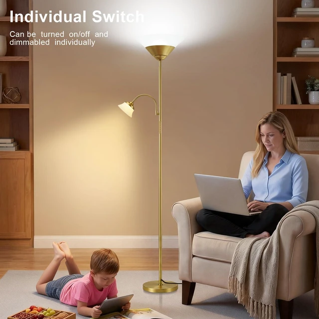 Alt view image 3 of 7 - 2-in-1 Torchiere Floor Lamp, 34W Super Bright LED Standing Lamp with Remote & Touch Control, 72" Dimmable Adjustable Corner Reading Lamp for Living Room, Bedroom, Office, Gold