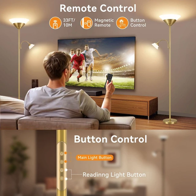 Alt view image 5 of 7 - 2-in-1 Torchiere Floor Lamp, 34W Super Bright LED Standing Lamp with Remote & Touch Control, 72" Dimmable Adjustable Corner Reading Lamp for Living Room, Bedroom, Office, Gold