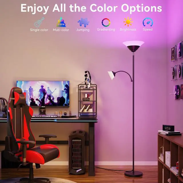 Alt view image 2 of 7 - RGB Torchiere Floor Lamp, 2-in-1 Dimmable Standing Lamp with Remote & Button Control, 34W 360° Rotatable LED Reading Lamp, 72" Modern Tall Corner Lamp for Bedroom, Living Room, Office, Black