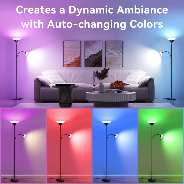 Alt view image 3 of 7 - RGB Torchiere Floor Lamp, 2-in-1 Dimmable Standing Lamp with Remote & Button Control, 34W 360° Rotatable LED Reading Lamp, 72" Modern Tall Corner Lamp for Bedroom, Living Room, Office, Black