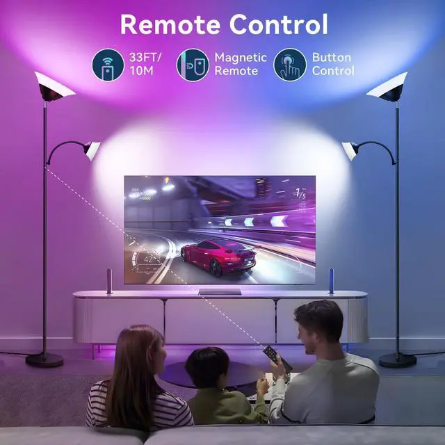 Alt view image 4 of 7 - RGB Torchiere Floor Lamp, 2-in-1 Dimmable Standing Lamp with Remote & Button Control, 34W 360° Rotatable LED Reading Lamp, 72" Modern Tall Corner Lamp for Bedroom, Living Room, Office, Black