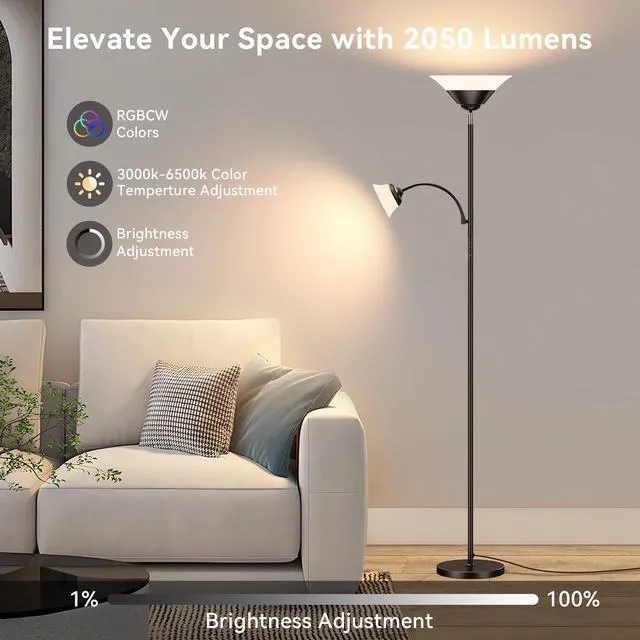 Alt view image 5 of 7 - RGB Torchiere Floor Lamp, 2-in-1 Dimmable Standing Lamp with Remote & Button Control, 34W 360° Rotatable LED Reading Lamp, 72" Modern Tall Corner Lamp for Bedroom, Living Room, Office, Black