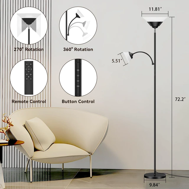 Alt view image 7 of 7 - RGB Torchiere Floor Lamp, 2-in-1 Dimmable Standing Lamp with Remote & Button Control, 34W 360° Rotatable LED Reading Lamp, 72" Modern Tall Corner Lamp for Bedroom, Living Room, Office, Black