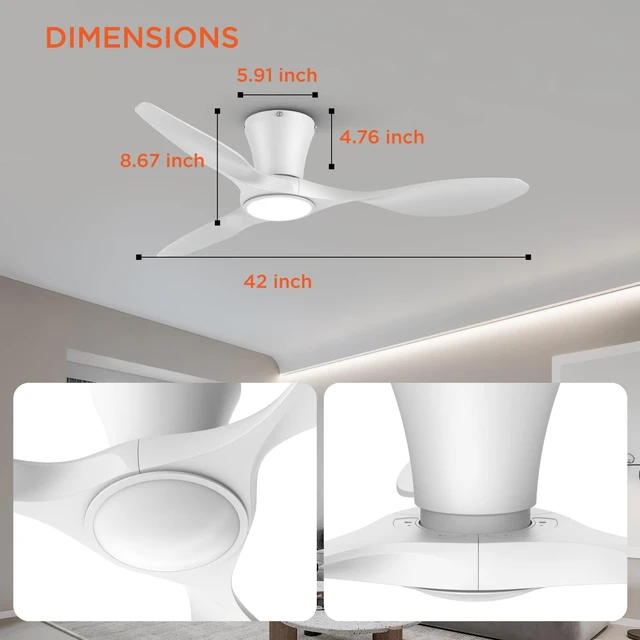 Alt view image 2 of 7 - Ceiling Fans with Lights,42 inch Modern Low Profile Ceiling Fan with Light and Remote Control, Flush Mount, 3CCT, White Ceiling Fan for Bedroom Living Room and Patio