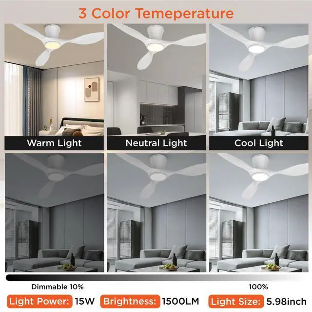 Alt view image 5 of 7 - Ceiling Fans with Lights,42 inch Modern Low Profile Ceiling Fan with Light and Remote Control, Flush Mount, 3CCT, White Ceiling Fan for Bedroom Living Room and Patio
