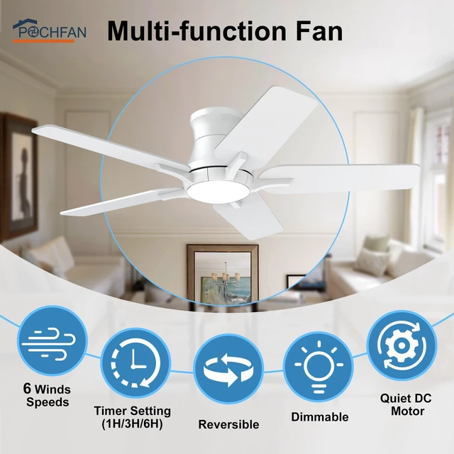 Alt view image 3 of 7 - 42 Inch White Ceiling Fans with Lights and Remote, Flush Mount Low Profile Ceiling Fan for Bedroom, Living Room, Patio, Dimmable 6 Speeds Noiseless Reversible, ETL Listed