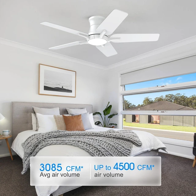 Alt view image 2 of 7 - 42 Inch White Ceiling Fans with Lights and Remote, Flush Mount Low Profile Ceiling Fan for Bedroom, Living Room, Patio, Dimmable 6 Speeds Noiseless Reversible, ETL Listed