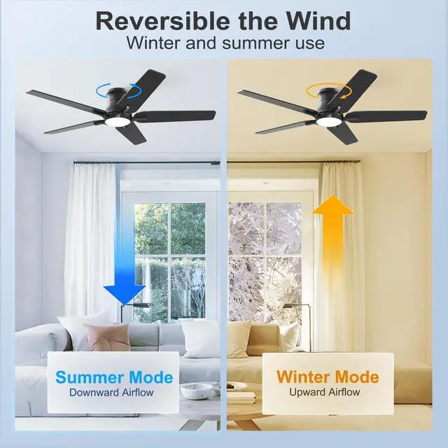 Alt view image 4 of 7 - 52 Inch Black Ceiling Fans with Lights and Remote, Flush Mount Low Profile Ceiling Fan for Bedroom, Living Room, Patio, Dimmable 6 Speeds Noiseless Reversible, ETL Listed