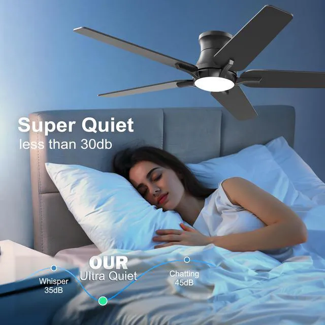 Alt view image 7 of 7 - 52 Inch Black Ceiling Fans with Lights and Remote, Flush Mount Low Profile Ceiling Fan for Bedroom, Living Room, Patio, Dimmable 6 Speeds Noiseless Reversible, ETL Listed
