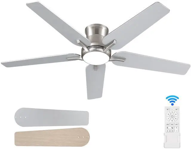 Main image of 52 Inch Ceiling Fans with Lights and Remote, Brushed Nickel Flush Mount Low Profile Ceiling Fan for Bedroom, Living Room, Patio, Dimmable 6 Speeds Noiseless, ETL Listed