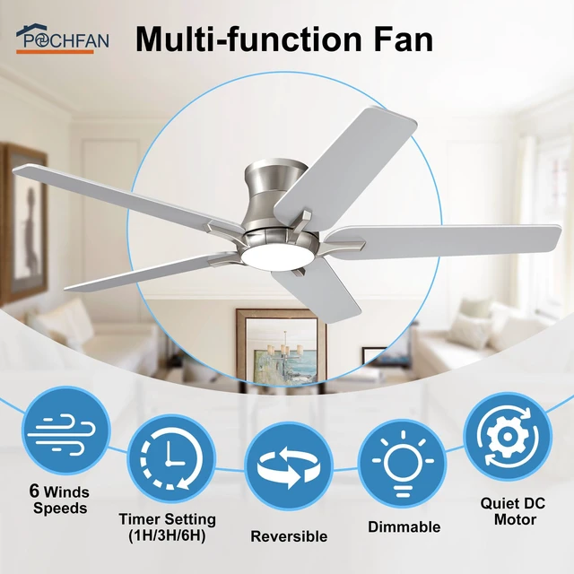 Alt view image 2 of 7 - 52 Inch Ceiling Fans with Lights and Remote, Brushed Nickel Flush Mount Low Profile Ceiling Fan for Bedroom, Living Room, Patio, Dimmable 6 Speeds Noiseless, ETL Listed