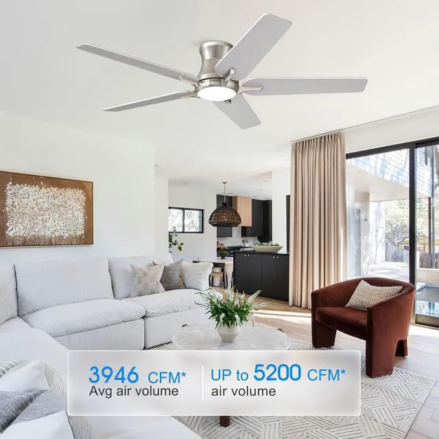 Alt view image 7 of 7 - 52 Inch Ceiling Fans with Lights and Remote, Brushed Nickel Flush Mount Low Profile Ceiling Fan for Bedroom, Living Room, Patio, Dimmable 6 Speeds Noiseless, ETL Listed