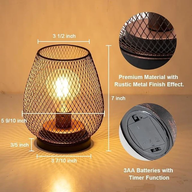 Alt view image 3 of 6 - Set of 6 Battery Operated Lamp LED Table Lantern, Brown Metal Cage Cordless Lamps with LED BulbVintage Decorative Outdoor Lantern for Weddings, Parties, Patio, Events for Indoors Shelf Decor