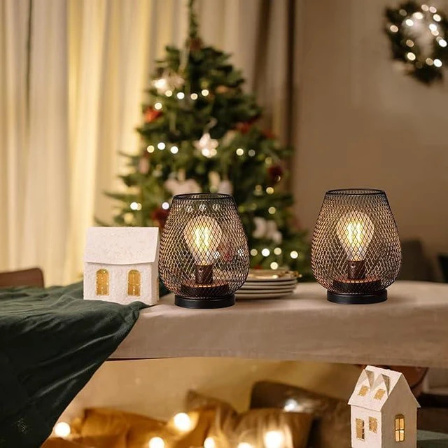 Alt view image 6 of 6 - Set of 6 Battery Operated Lamp LED Table Lantern, Brown Metal Cage Cordless Lamps with LED BulbVintage Decorative Outdoor Lantern for Weddings, Parties, Patio, Events for Indoors Shelf Decor