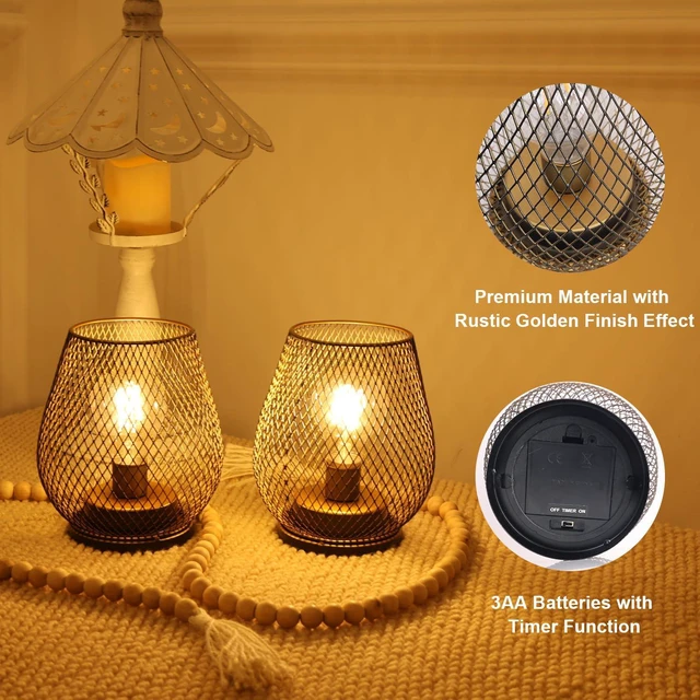 Alt view image 2 of 7 - Set of 6 Battery Operated Lamp LED Table Lantern, Golden Metal Cage Cordless Lamps with LED Bulb, Vintage Decorative Outdoor Lantern for Weddings, Party, Patio, Events for Indoors Shelf Decor
