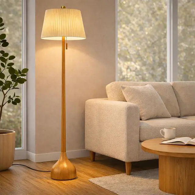 Main image of Mid Century Modern Real Wood Floor Lamp with 2 Shades for Two Looks 65" Tall,Sculptural Teardrop Base,Wooden Pull Chain,Vintage Standing Lamp,Linen Shades,Living Room,Bedroom, Bulb Included