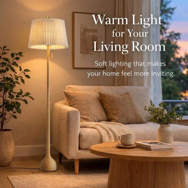 Alt view image 2 of 7 - Mid Century Modern Real Wood Floor Lamp with 2 Shades for Two Looks 65" Tall,Sculptural Teardrop Base,Wooden Pull Chain,Vintage Standing Lamp,Linen Shades,Living Room,Bedroom, Bulb Included