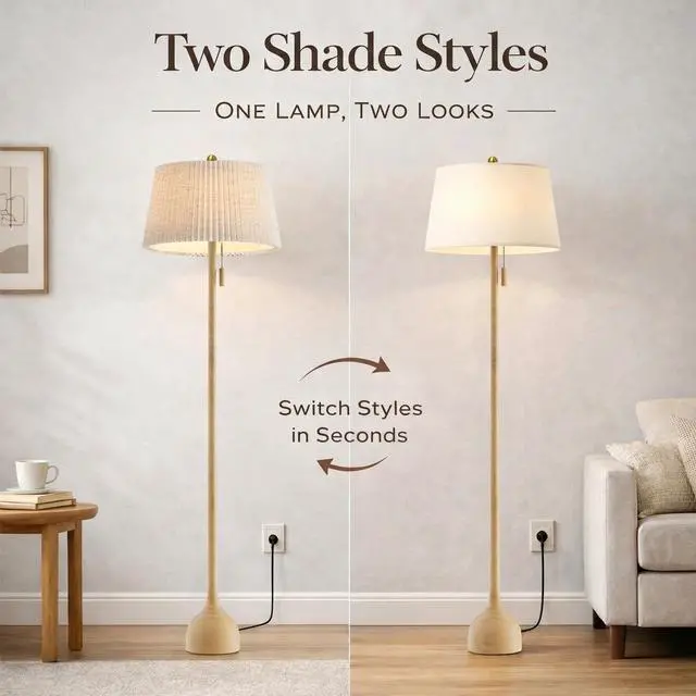 Alt view image 5 of 7 - Mid Century Modern Real Wood Floor Lamp with 2 Shades for Two Looks 65" Tall,Sculptural Teardrop Base,Wooden Pull Chain,Vintage Standing Lamp,Linen Shades,Living Room,Bedroom, Bulb Included