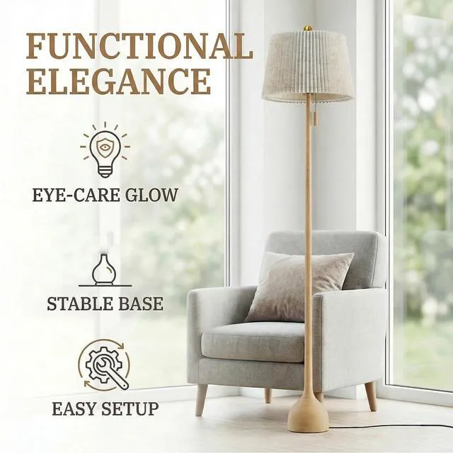 Alt view image 6 of 7 - Mid Century Modern Real Wood Floor Lamp with 2 Shades for Two Looks 65" Tall,Sculptural Teardrop Base,Wooden Pull Chain,Vintage Standing Lamp,Linen Shades,Living Room,Bedroom, Bulb Included